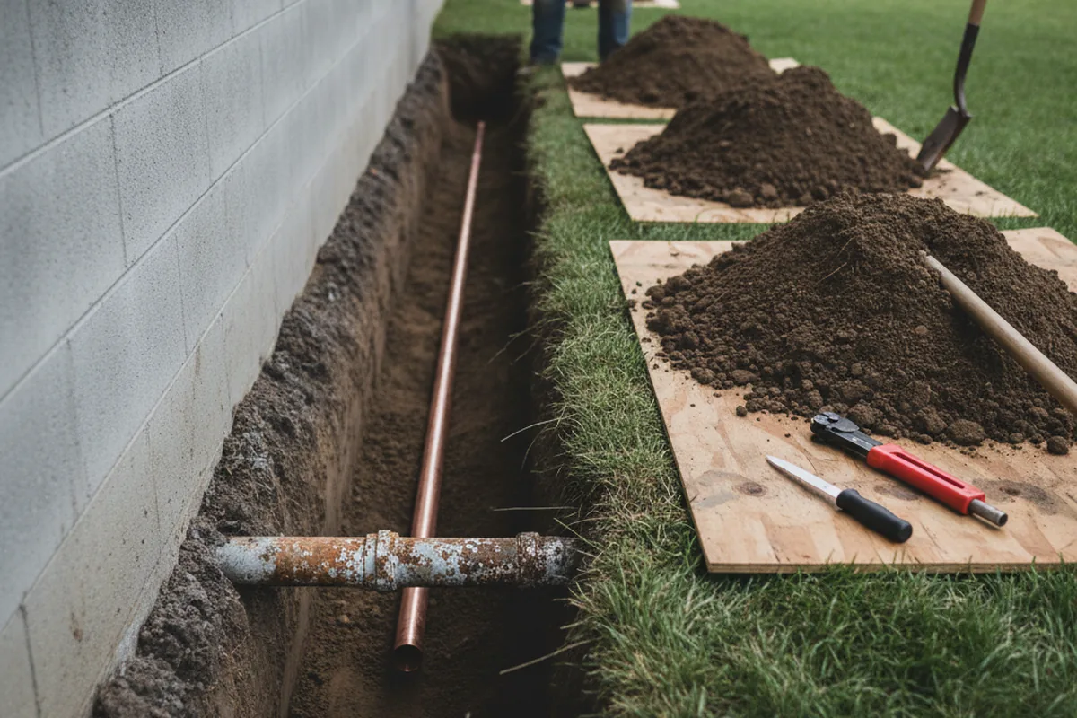 Excavated water line trench during Sewer Line Repair in Gramercy